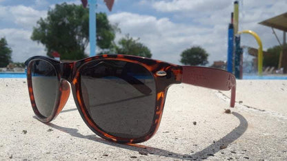 Red Bamboo Tortoise Framed Sunglasses With Wood Case, Artisan Engraved by Purple Ariadne