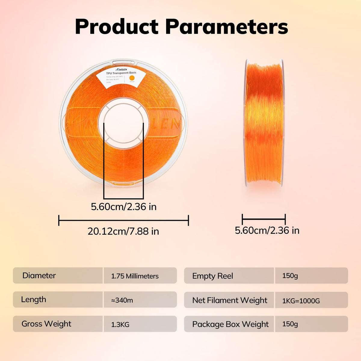 TPU Transparent 1.75mm, 1KG/2.2LBTPUTorqelo.com