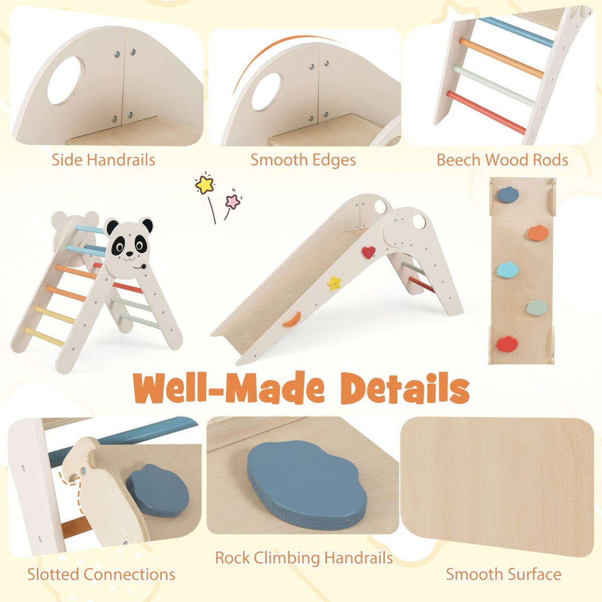 Triangle Set Foldable Kids Climbing Toys Panda-Themed Wood Montessori Climbing SetTorqelo.com