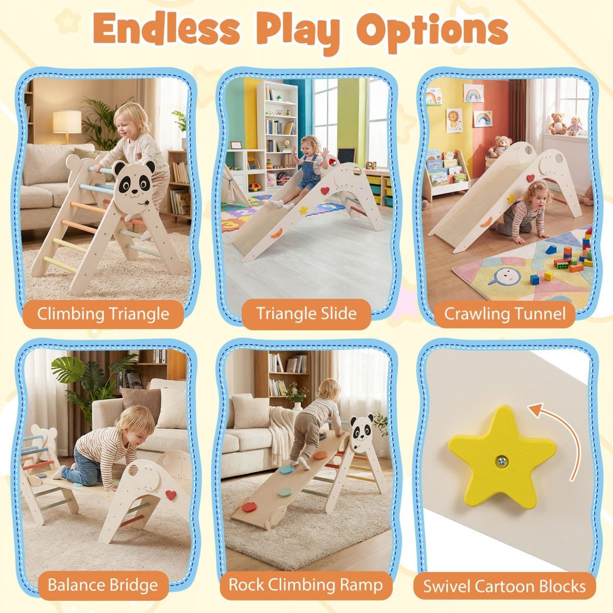 Triangle Set Foldable Kids Climbing Toys Panda-Themed Wood Montessori Climbing SetTorqelo.com