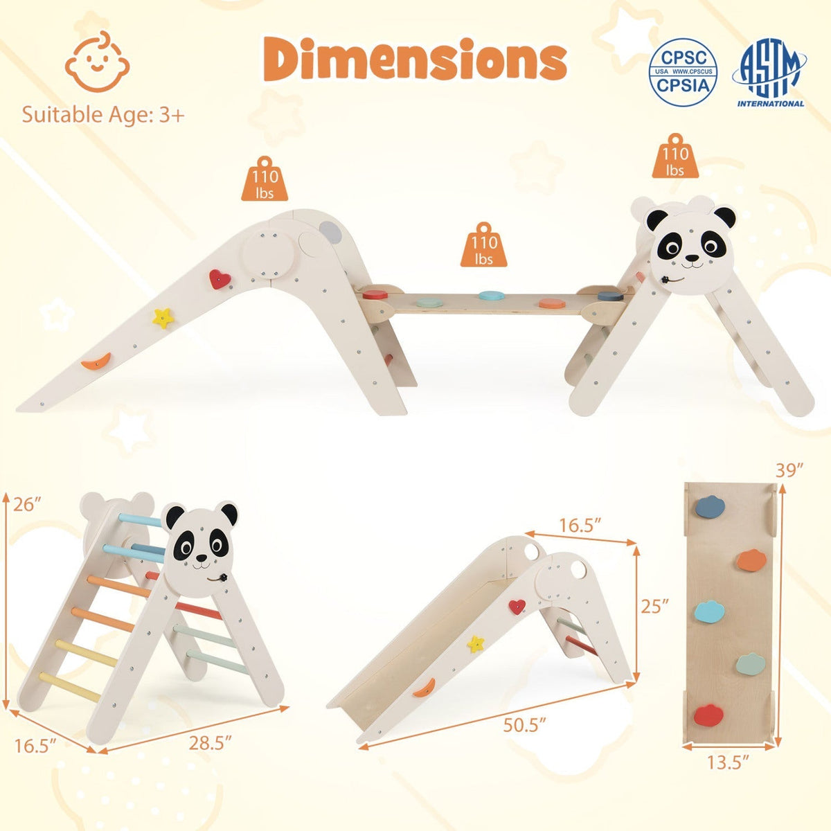 Triangle Set Foldable Kids Climbing Toys Panda-Themed Wood Montessori Climbing SetTorqelo.com