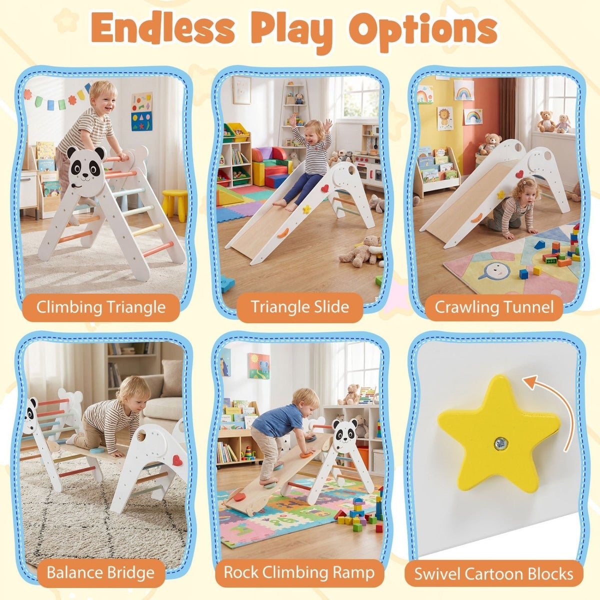 Triangle Set Foldable Kids Climbing Toys Panda-Themed Wood Montessori Climbing SetTorqelo.com