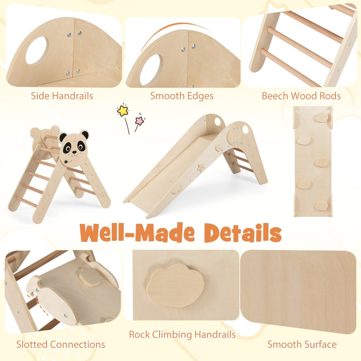 Triangle Set Foldable Kids Climbing Toys Panda-Themed Wood Montessori Climbing SetTorqelo.com