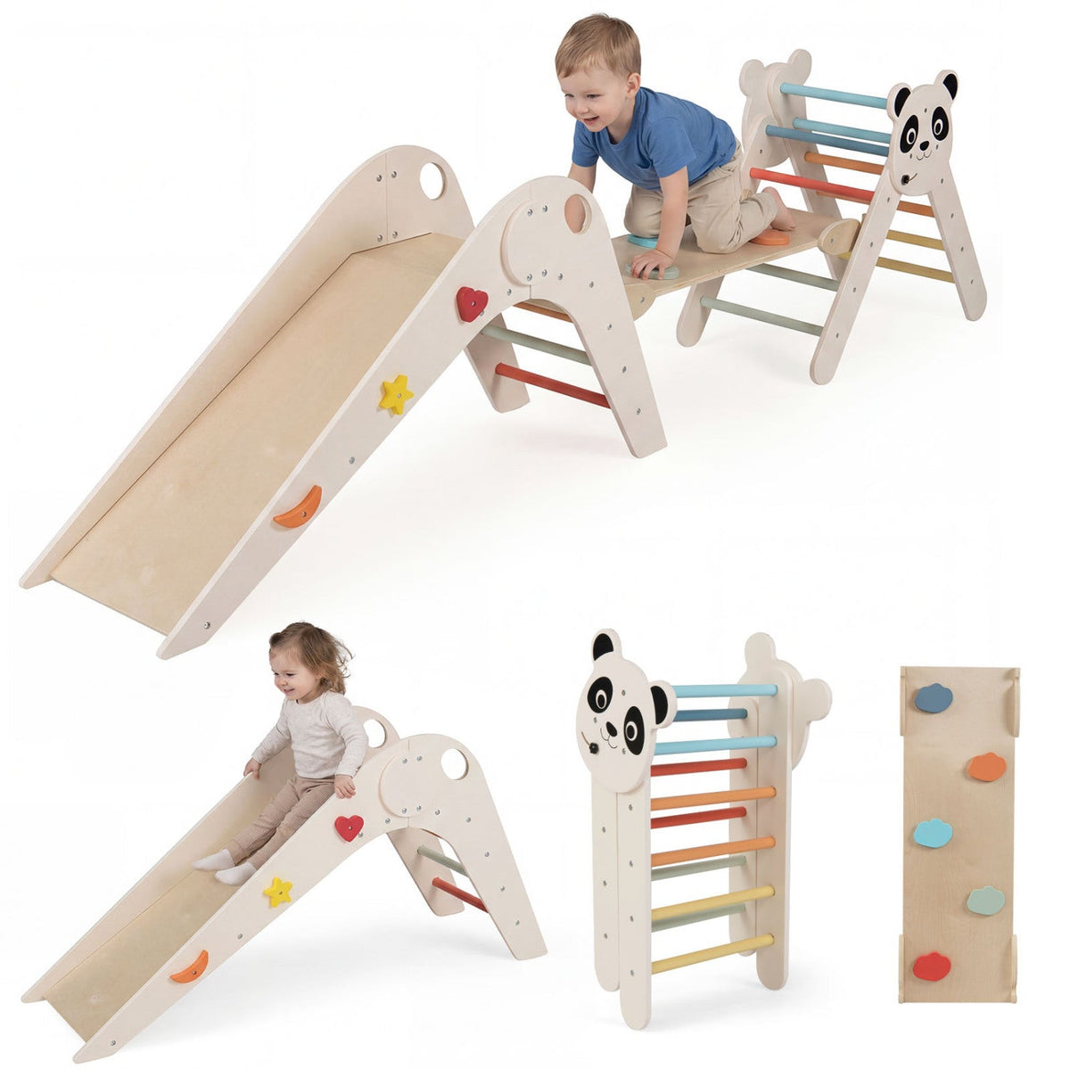 Triangle Set Foldable Kids Climbing Toys Panda-Themed Wood Montessori Climbing SetTorqelo.com