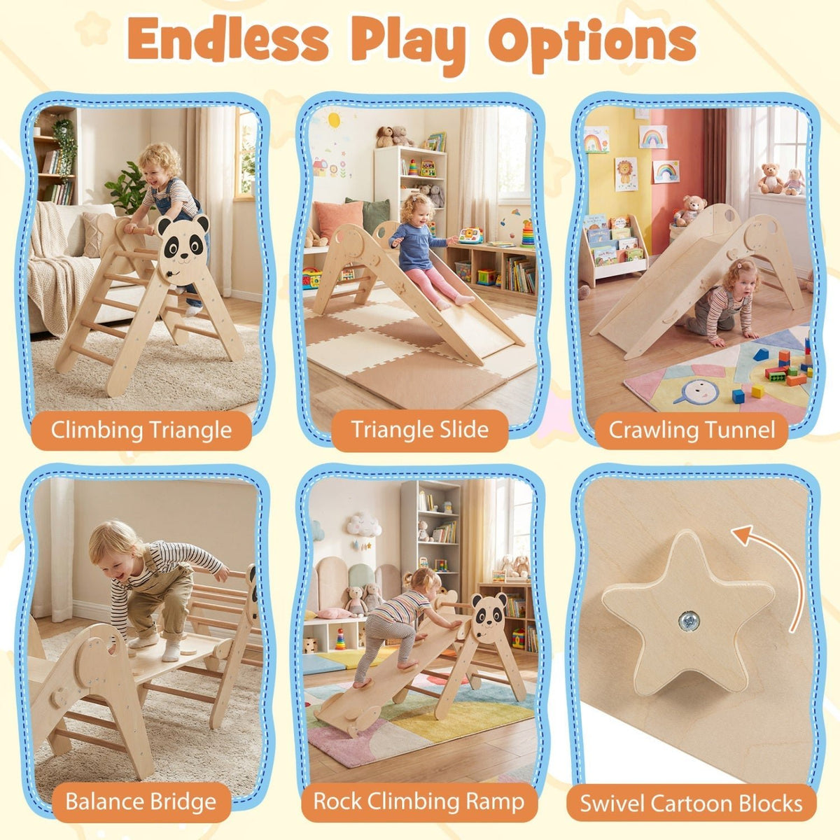 Triangle Set Foldable Kids Climbing Toys Panda-Themed Wood Montessori Climbing SetTorqelo.com