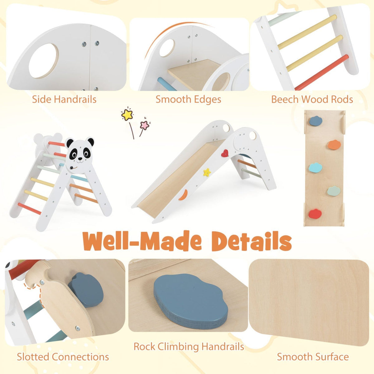 Triangle Set Foldable Kids Climbing Toys Panda-Themed Wood Montessori Climbing SetTorqelo.com