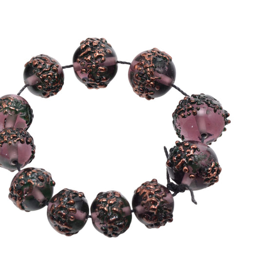 Handcrafted Lampwork Glass Bead Strand - Pink Purple with Copper Accents - 11 Round Artisan Beads by Continental Bead Suppliers
