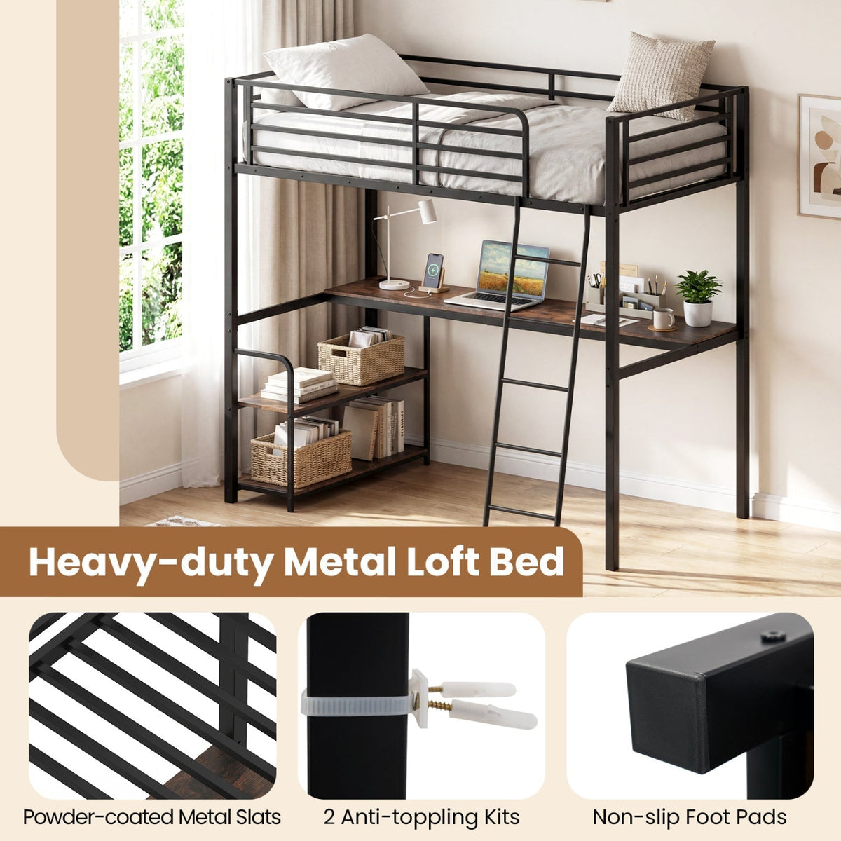 Twin Loft Bed with Desk and Shelves for Kids and AdultsTorqelo.com