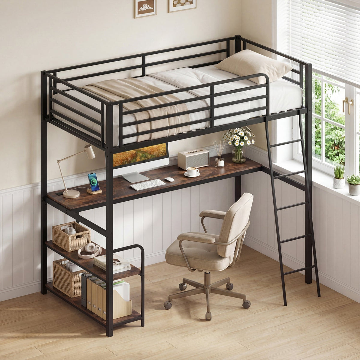 Twin Loft Bed with Desk and Shelves for Kids and AdultsTorqelo.com