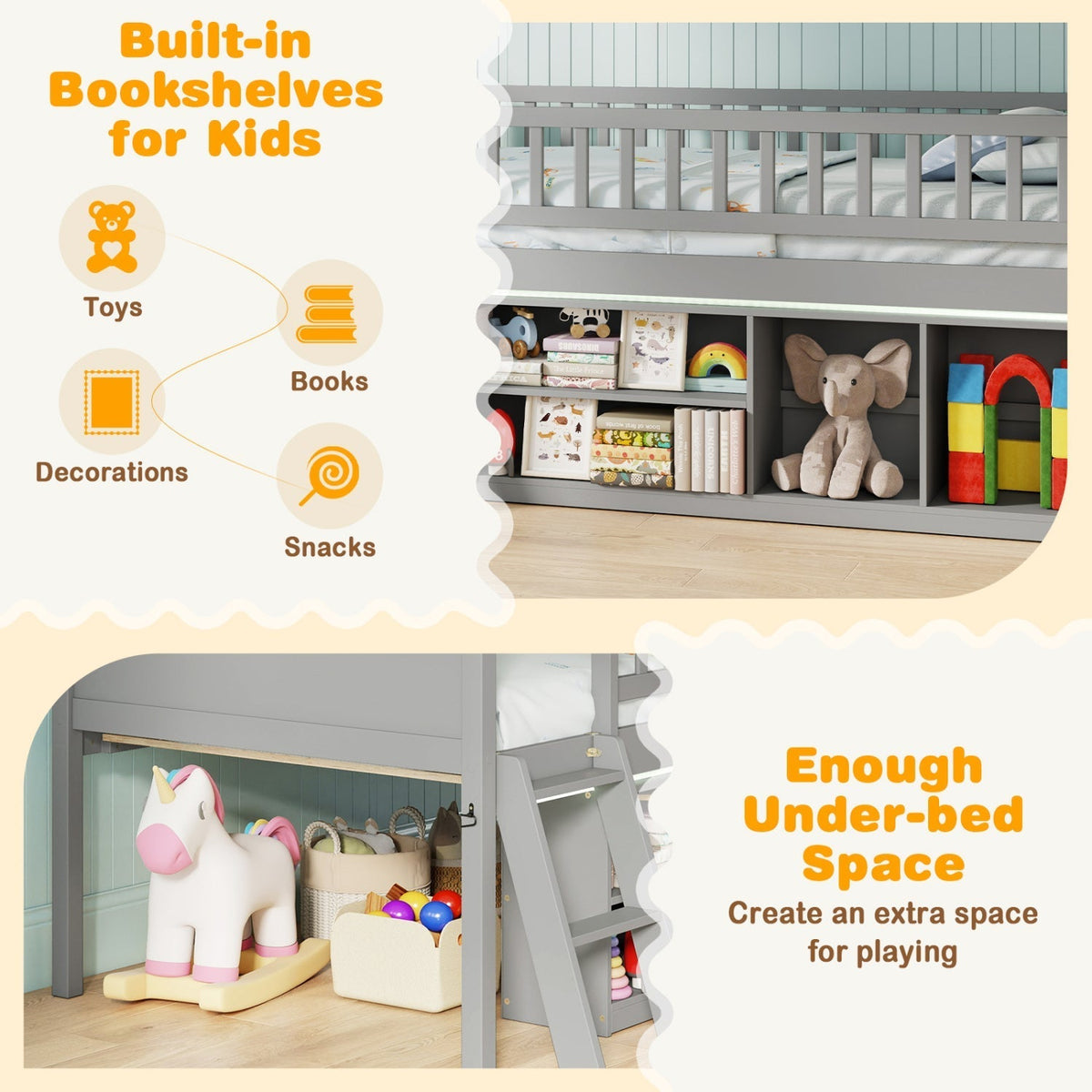 Twin Loft Bed with LED Lights & Bookshelf for KidsLoft BedTorqelo.com