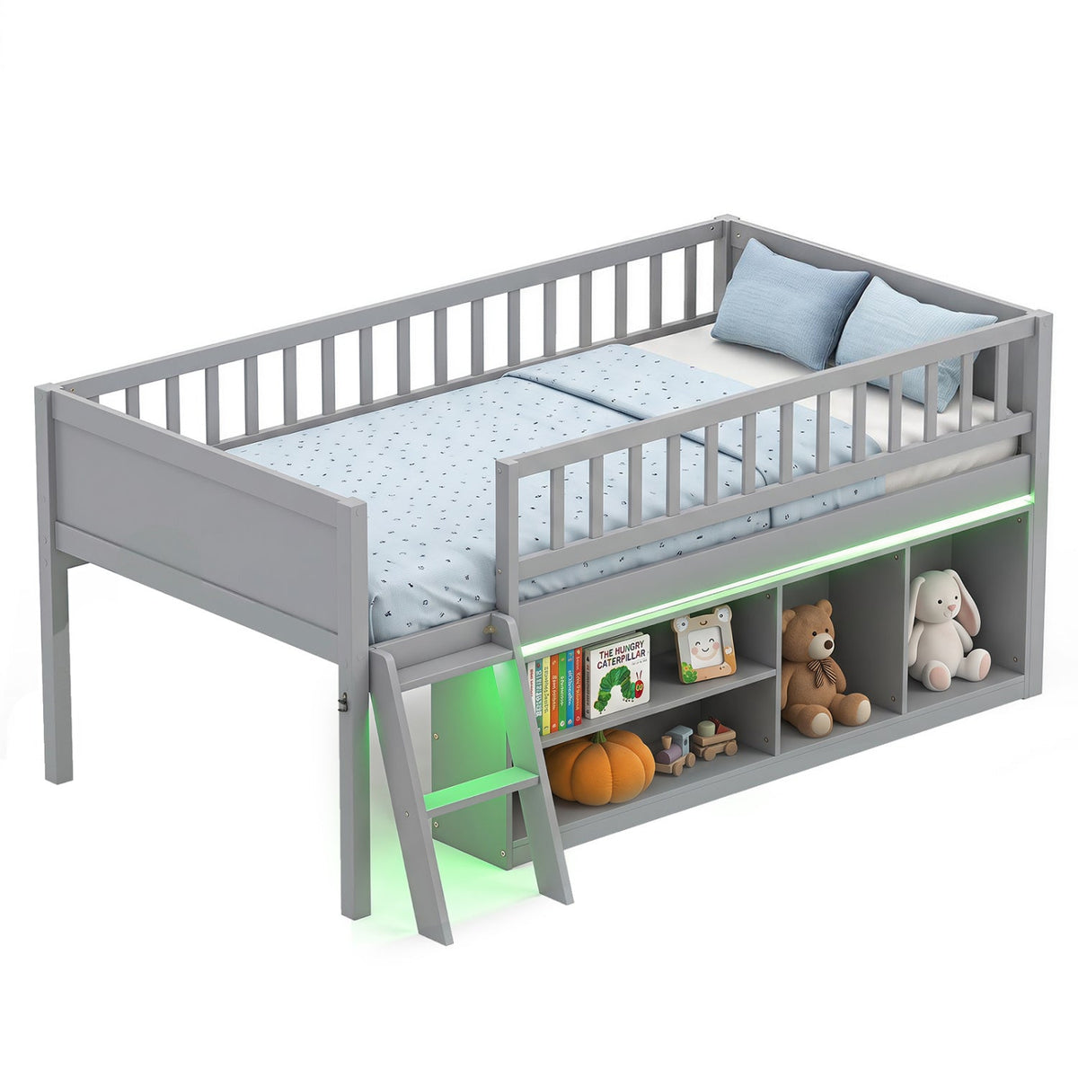 Twin Loft Bed with LED Lights & Bookshelf for KidsLoft BedTorqelo.com