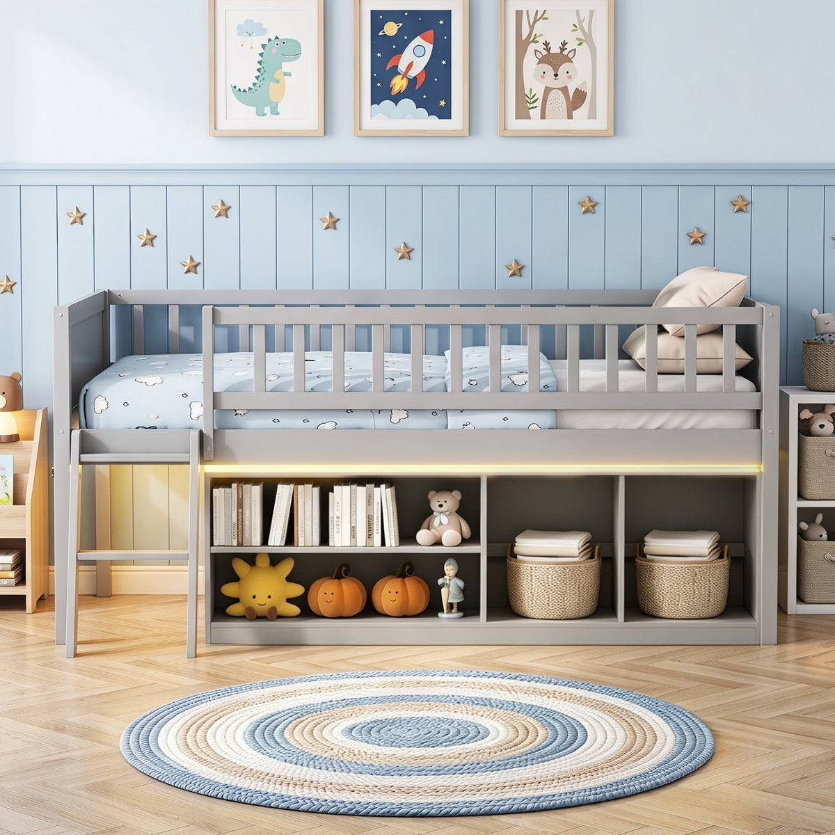 Twin Loft Bed with LED Lights & Bookshelf for KidsLoft BedTorqelo.com