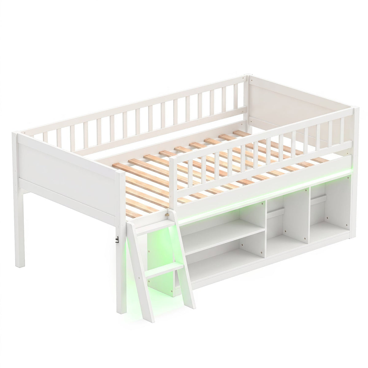 Twin Loft Bed with LED Lights & Bookshelf for KidsLoft BedTorqelo.com