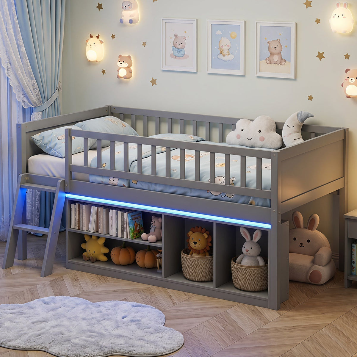 Twin Loft Bed with LED Lights & Bookshelf for KidsLoft BedTorqelo.com