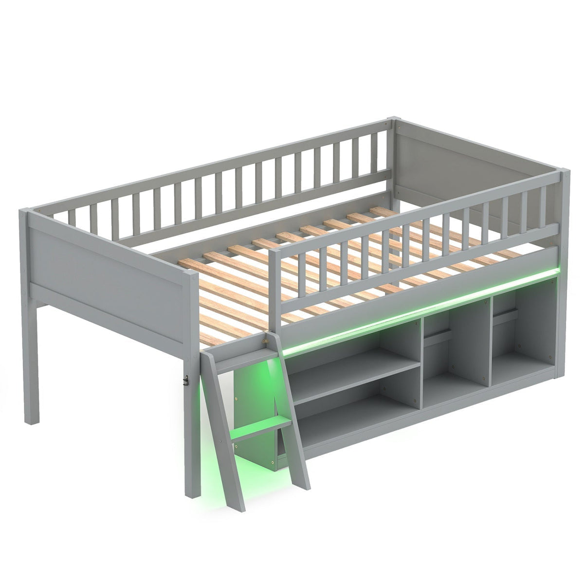 Twin Loft Bed with LED Lights & Bookshelf for KidsLoft BedTorqelo.com