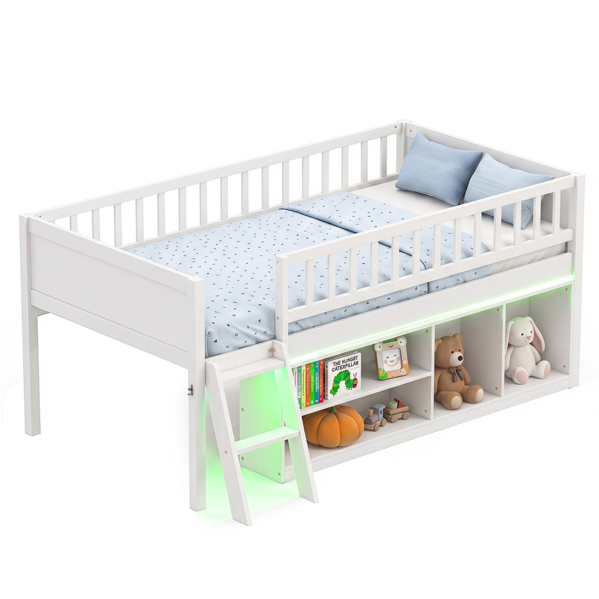 Twin Loft Bed with LED Lights & Bookshelf for KidsLoft BedTorqelo.com