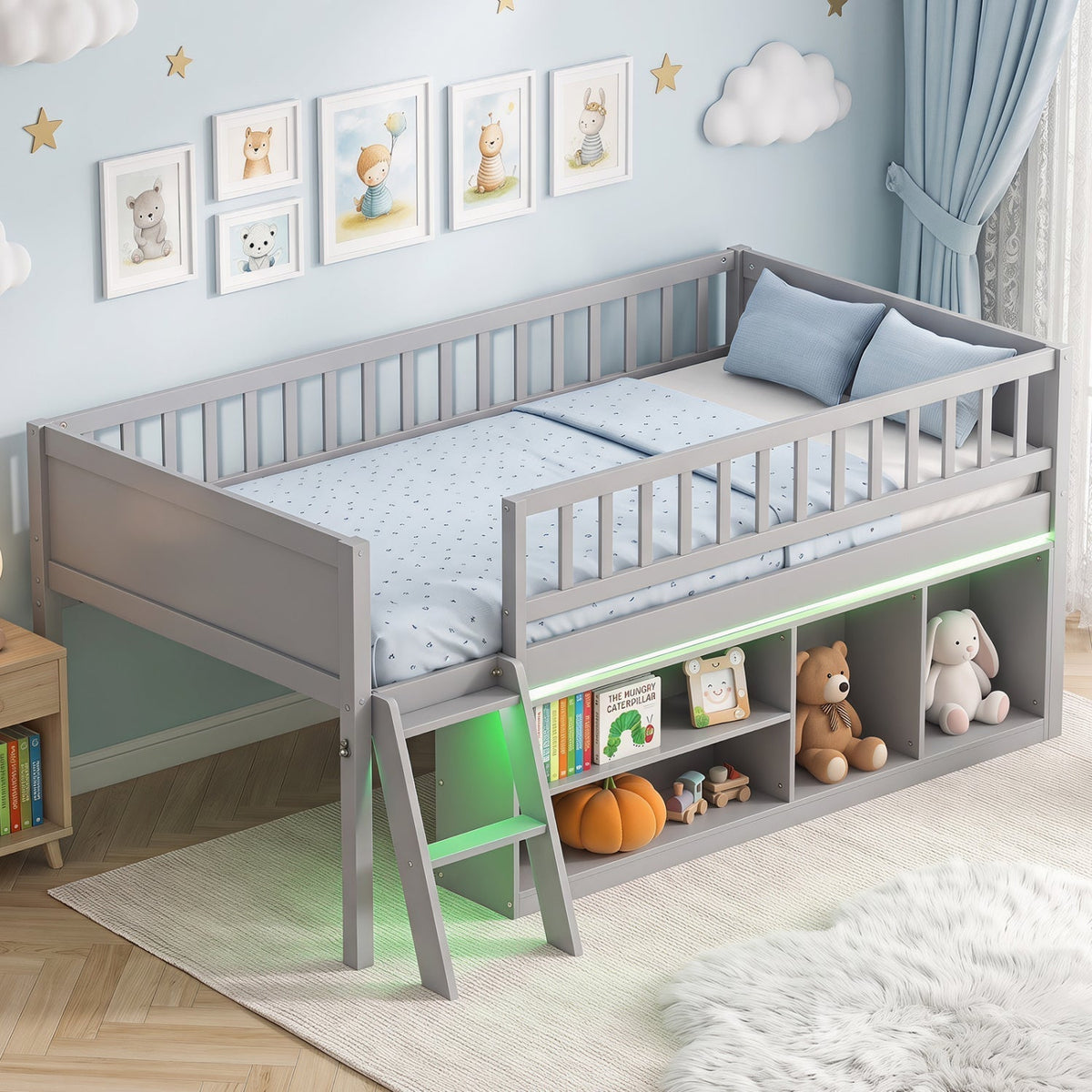Twin Loft Bed with LED Lights & Bookshelf for KidsLoft BedTorqelo.com