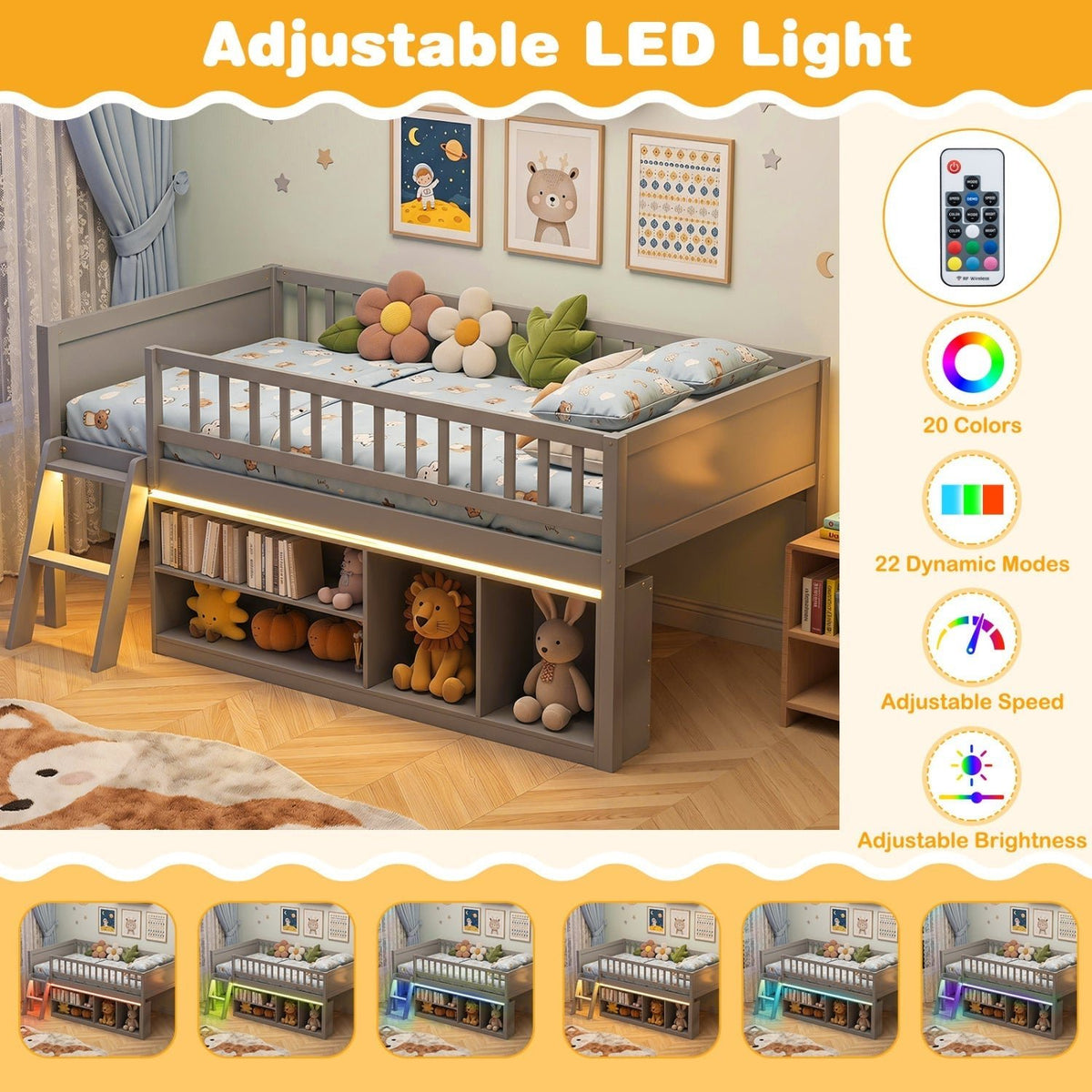 Twin Loft Bed with LED Lights & Bookshelf for KidsLoft BedTorqelo.com