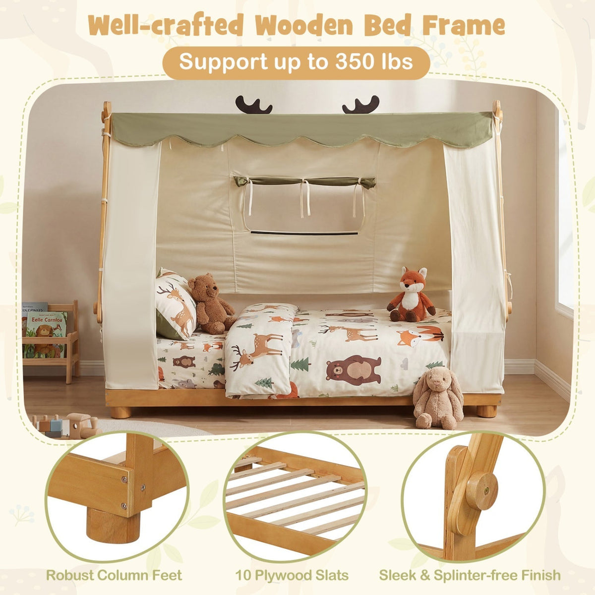 Twin Size House Floor Wood Bed with TentTorqelo.com