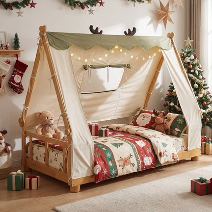 Twin Size House Floor Wood Bed with TentTorqelo.com