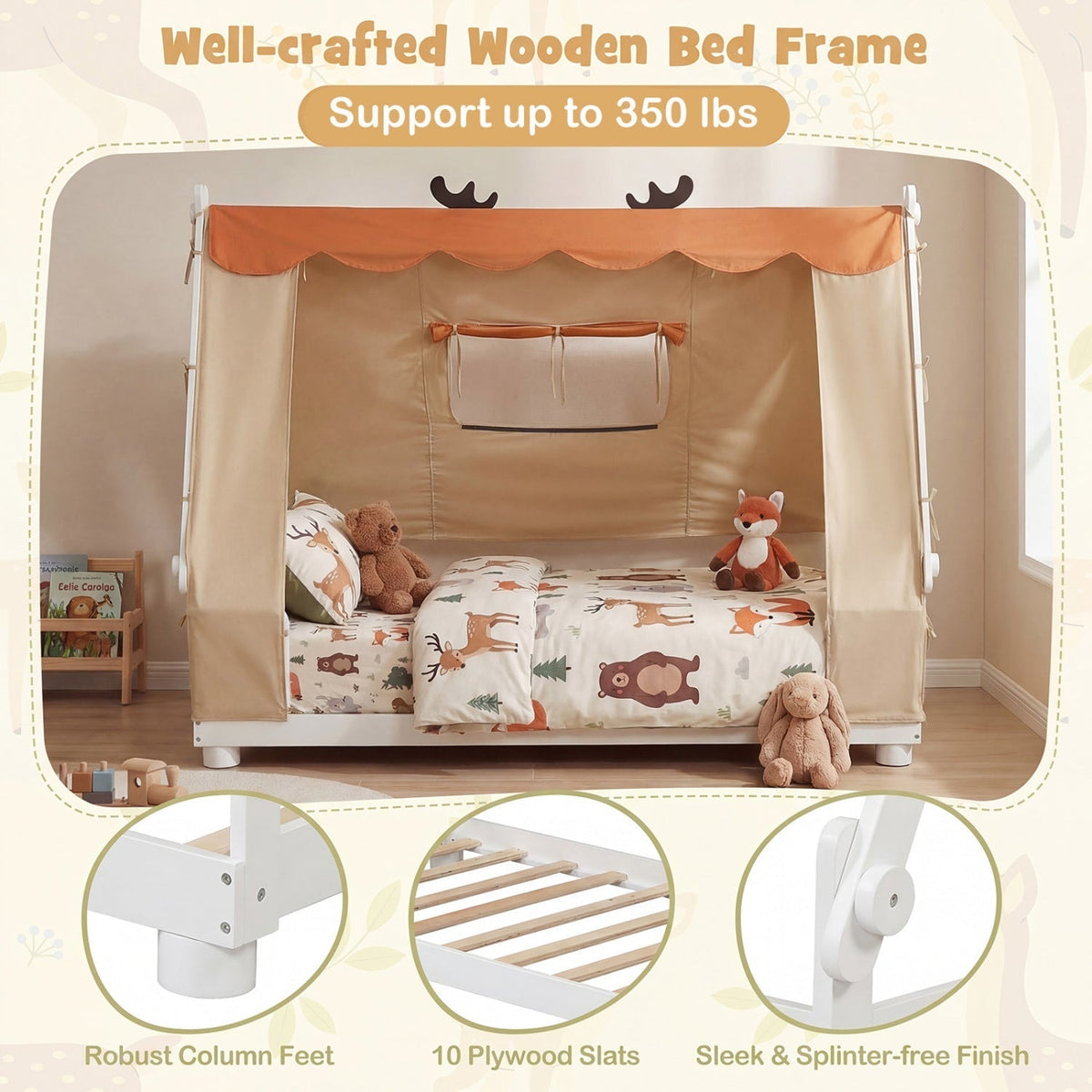 Twin Size House Floor Wood Bed with TentTorqelo.com