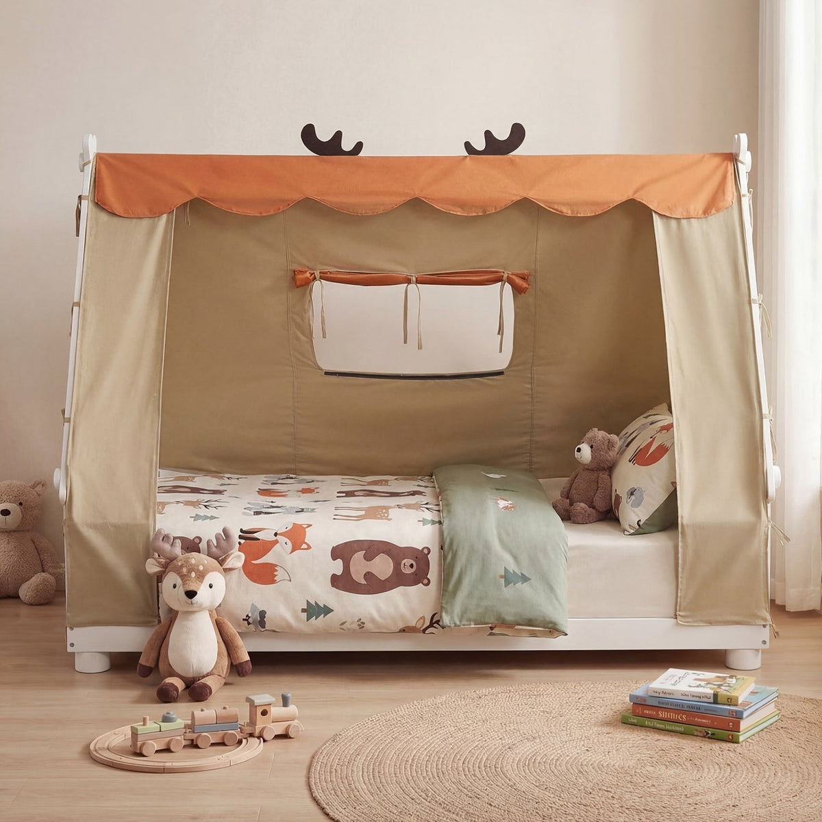 Twin Size House Floor Wood Bed with TentTorqelo.com