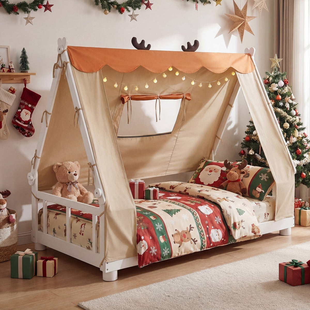 Twin Size House Floor Wood Bed with TentTorqelo.com