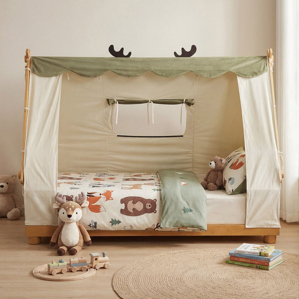 Twin Size House Floor Wood Bed with TentTorqelo.com
