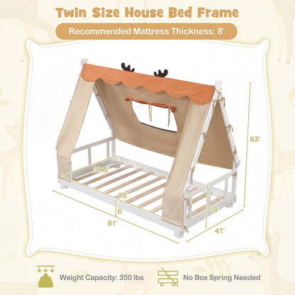 Twin Size House Floor Wood Bed with TentTorqelo.com