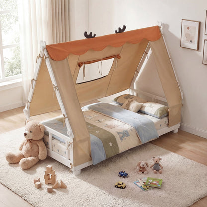 Twin Size House Floor Wood Bed with TentTorqelo.com