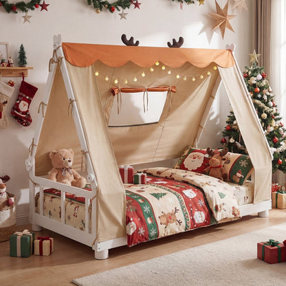 Twin Size House Floor Wood Bed with TentTorqelo.com
