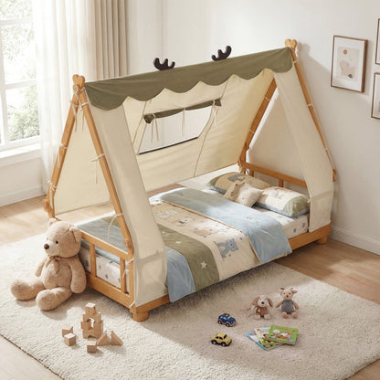 Twin Size House Floor Wood Bed with TentTorqelo.com