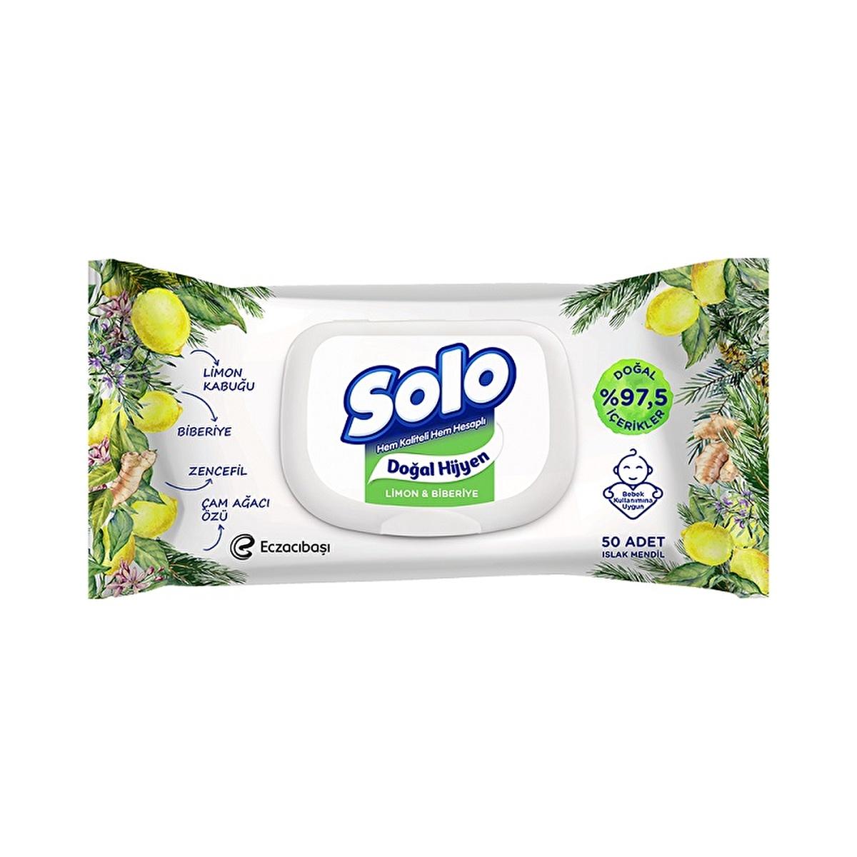 Solo Natural Wet Wipes with Lemon & Rosemary - Hypoallergenic, 97.5% Natural Content, Gentle Cleansing for Hands and Face by Beauty Care Bag