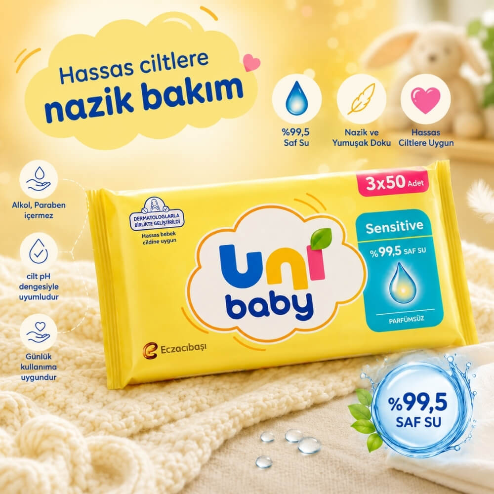 Uni Baby Sensitive Wet Wipes for Gentle Cleaning 3x50 Pack by Beauty Care Bag