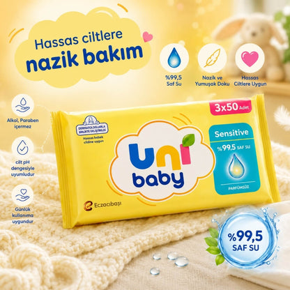 Uni Baby Sensitive Wet Wipes for Gentle Cleaning 3x50 Pack by Beauty Care Bag