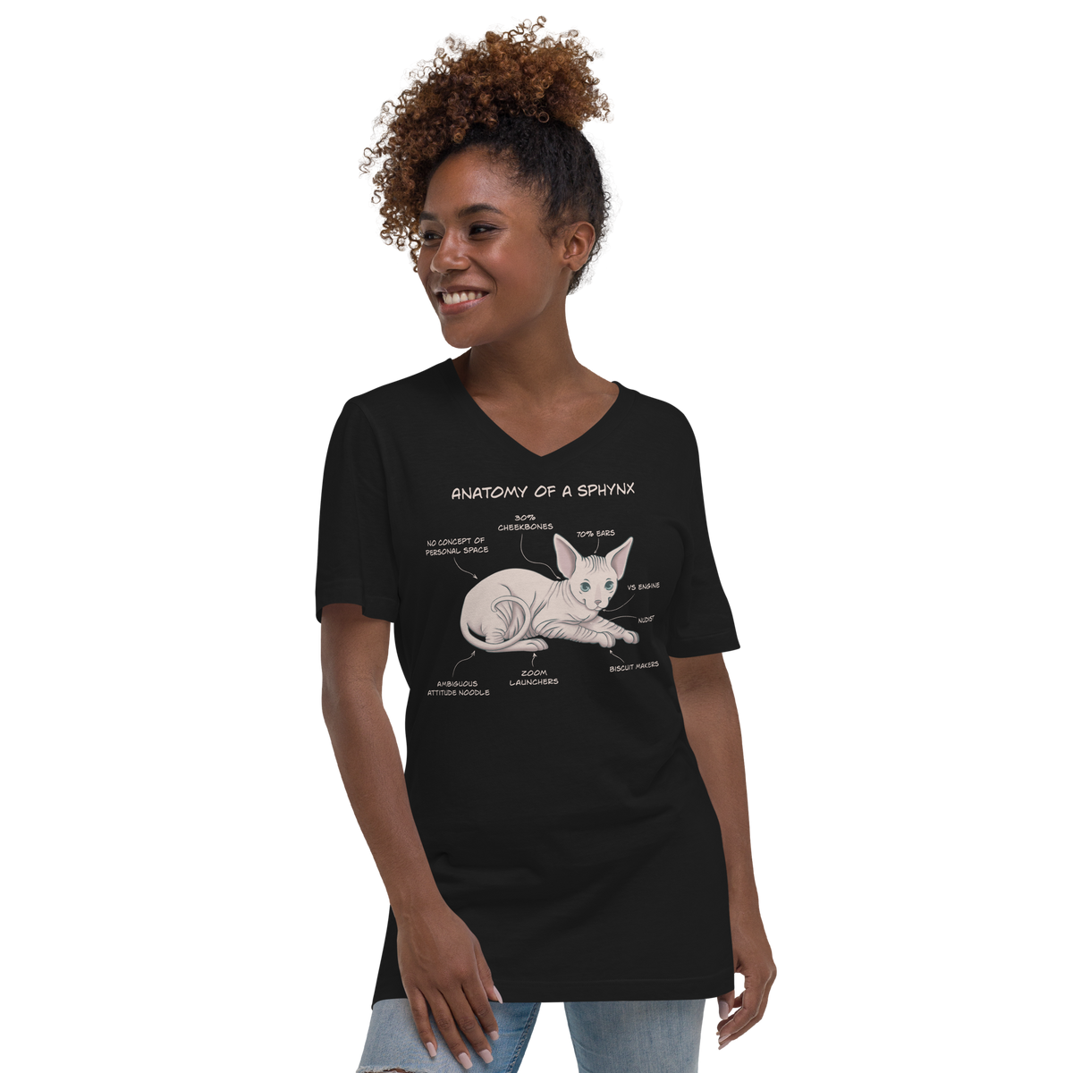 "ANATOMY OF A SPHYNX" WOMAN'S V-NECK TEE by ReNewedPet