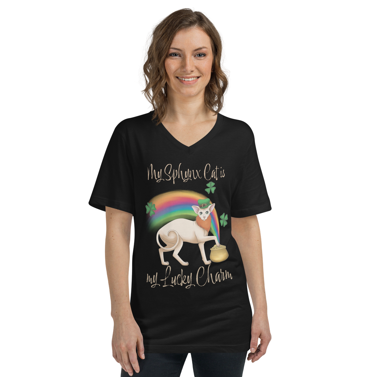 "MY SPHYNX CAT IS MY LUCKY CHARM" - V-NECK UNISEX TEE by ReNewedPet