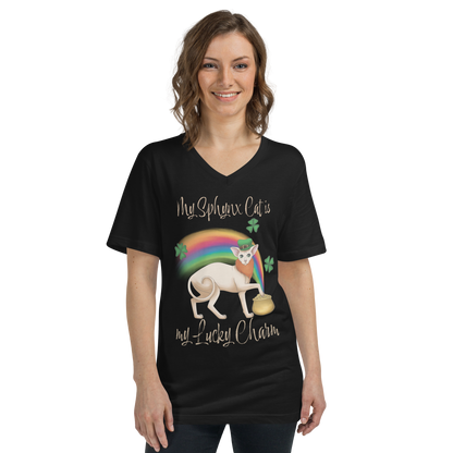 "MY SPHYNX CAT IS MY LUCKY CHARM" - V-NECK UNISEX TEE by ReNewedPet