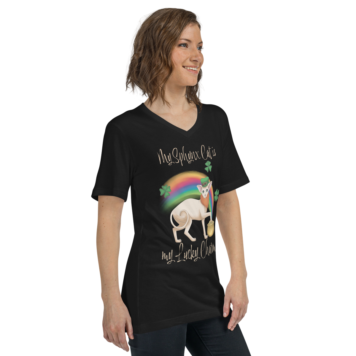 "MY SPHYNX CAT IS MY LUCKY CHARM" - V-NECK UNISEX TEE by ReNewedPet