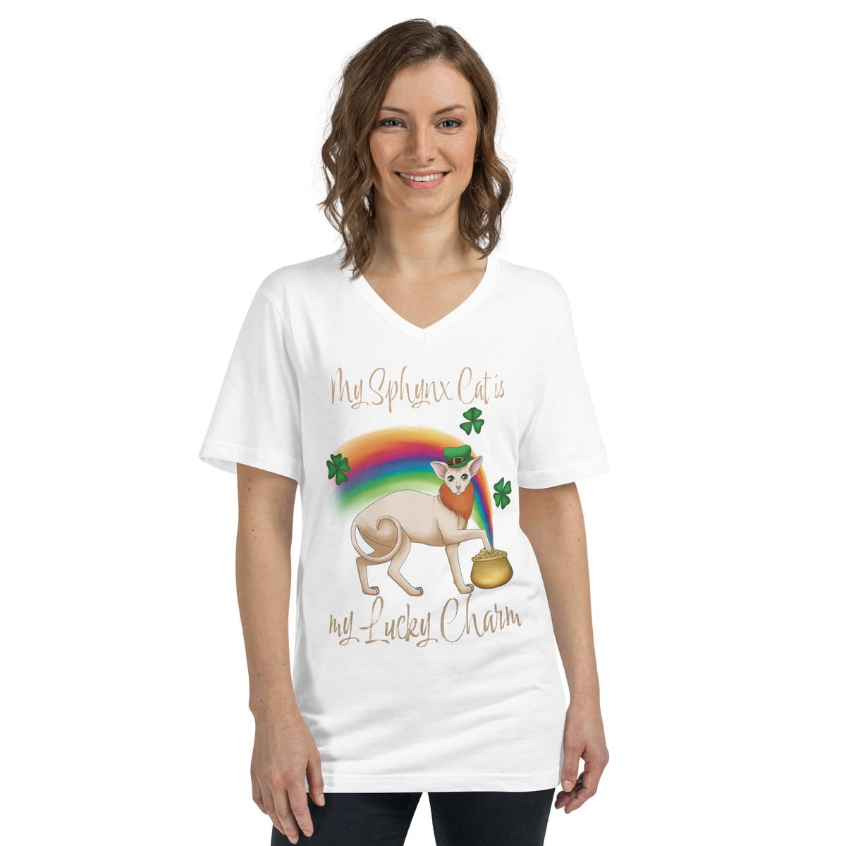 "MY SPHYNX CAT IS MY LUCKY CHARM" - V-NECK UNISEX TEE by ReNewedPet