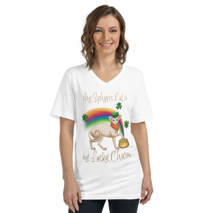 "MY SPHYNX CAT IS MY LUCKY CHARM" - V-NECK UNISEX TEE by ReNewedPet