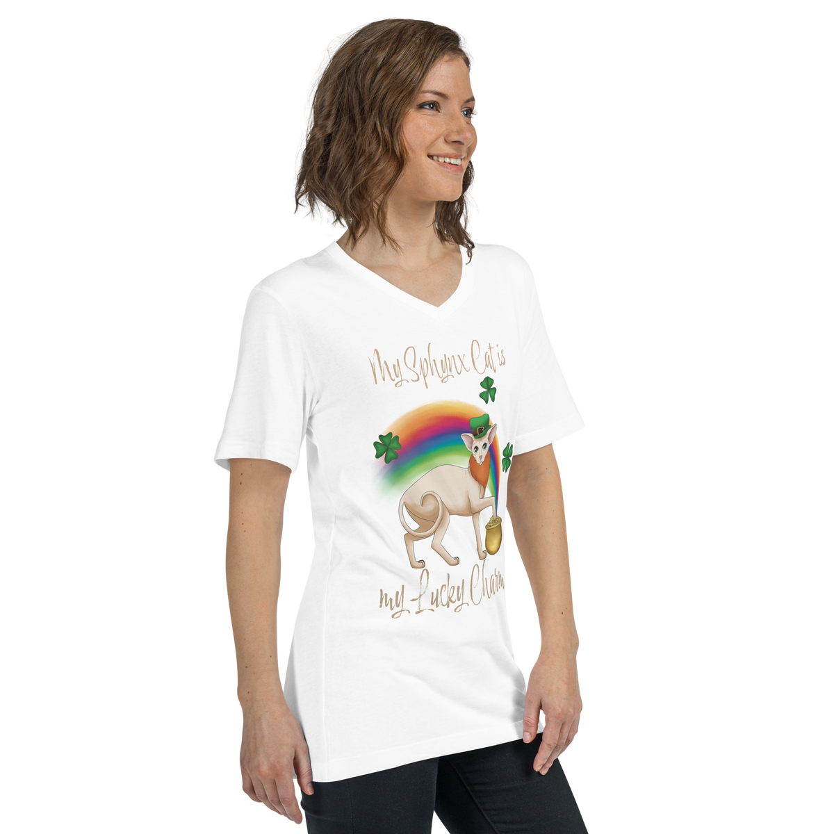 "MY SPHYNX CAT IS MY LUCKY CHARM" - V-NECK UNISEX TEE by ReNewedPet