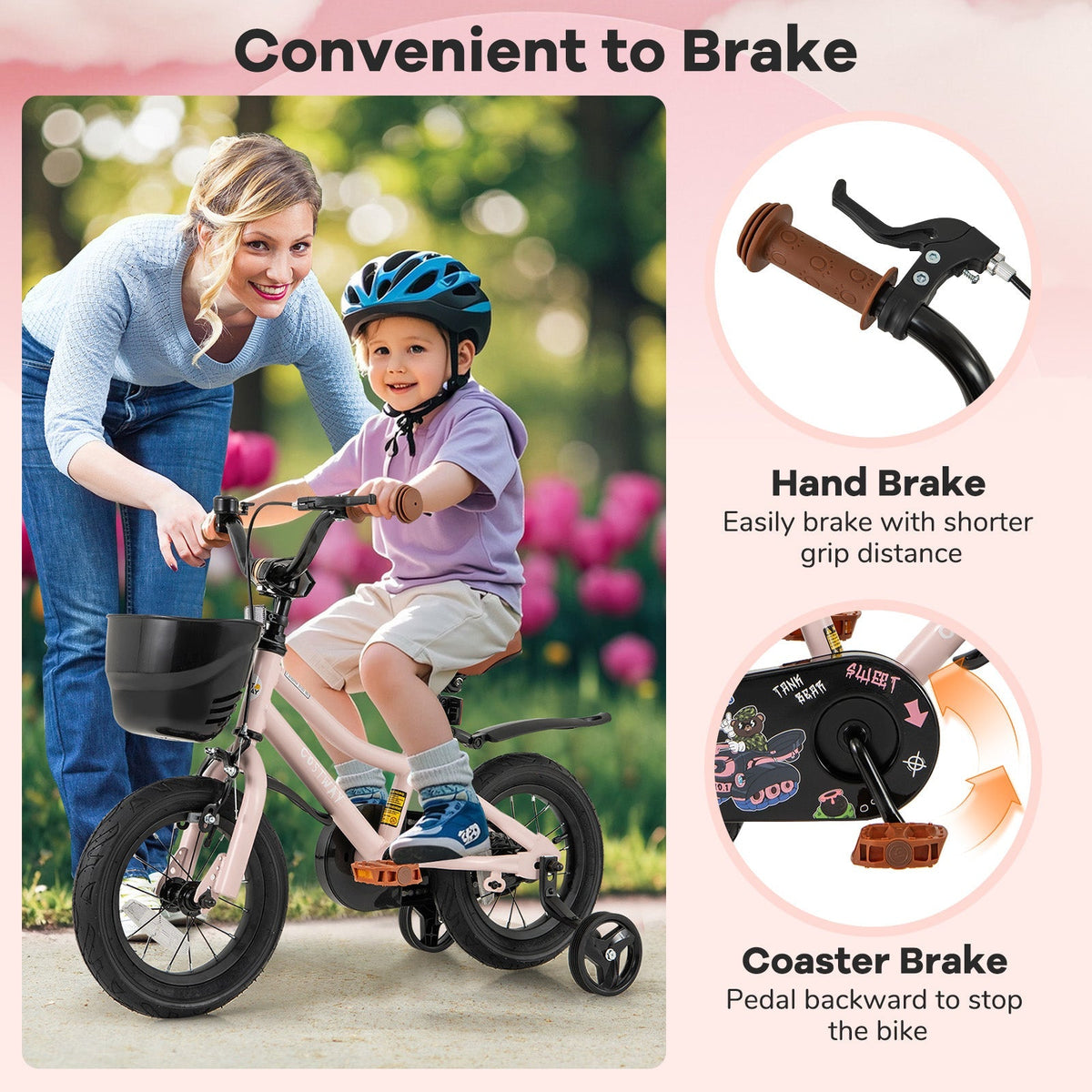 12 Inch Kids Bike with Helmet Protective Set Black & Pink by GBruno Store
