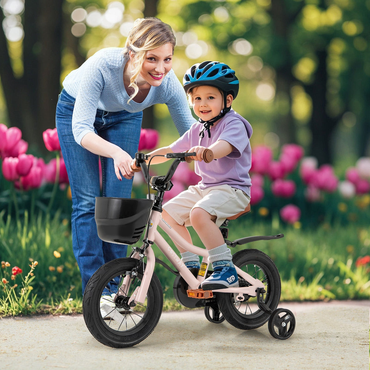 12 Inch Kids Bike with Helmet Protective Set Black & Pink by GBruno Store