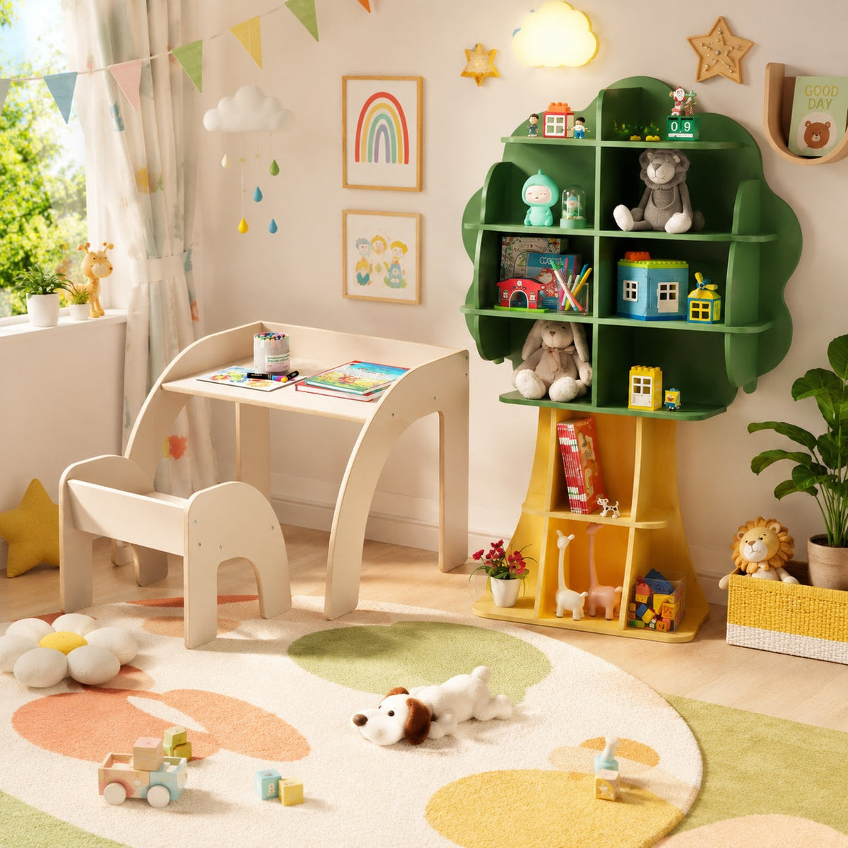 Kids Table and Chair Set with Tree Bookshelf Organizer by GBruno Store