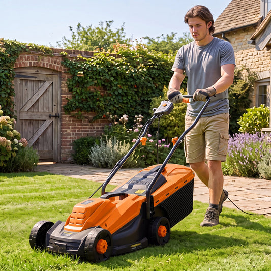 13-inch corded electric lawn mower in orange with grass bag, DirectDeals