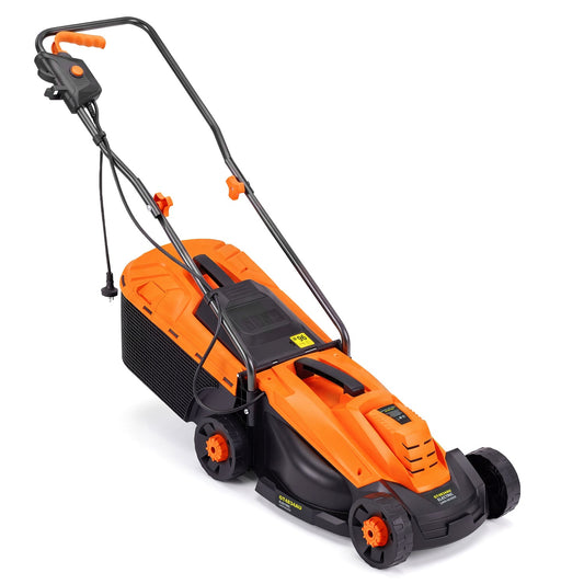 13-inch corded electric lawn mower in orange with grass bag, DirectDeals, view 2