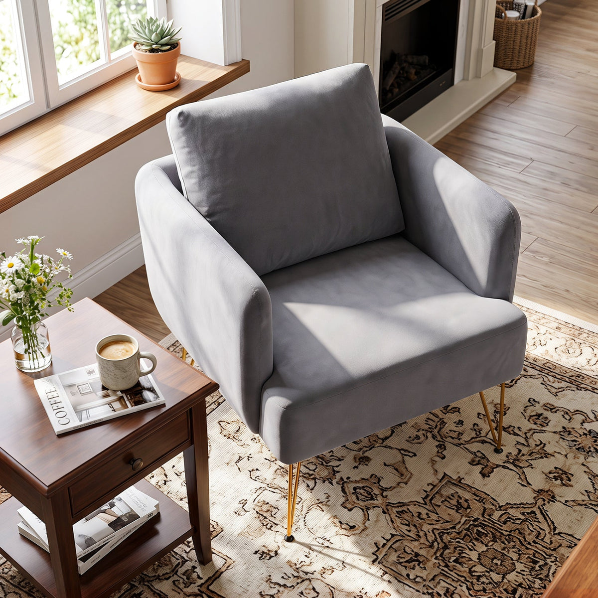Velvet Accent Chair with Back Cushion and Golden Metal Legs by DirectDeals