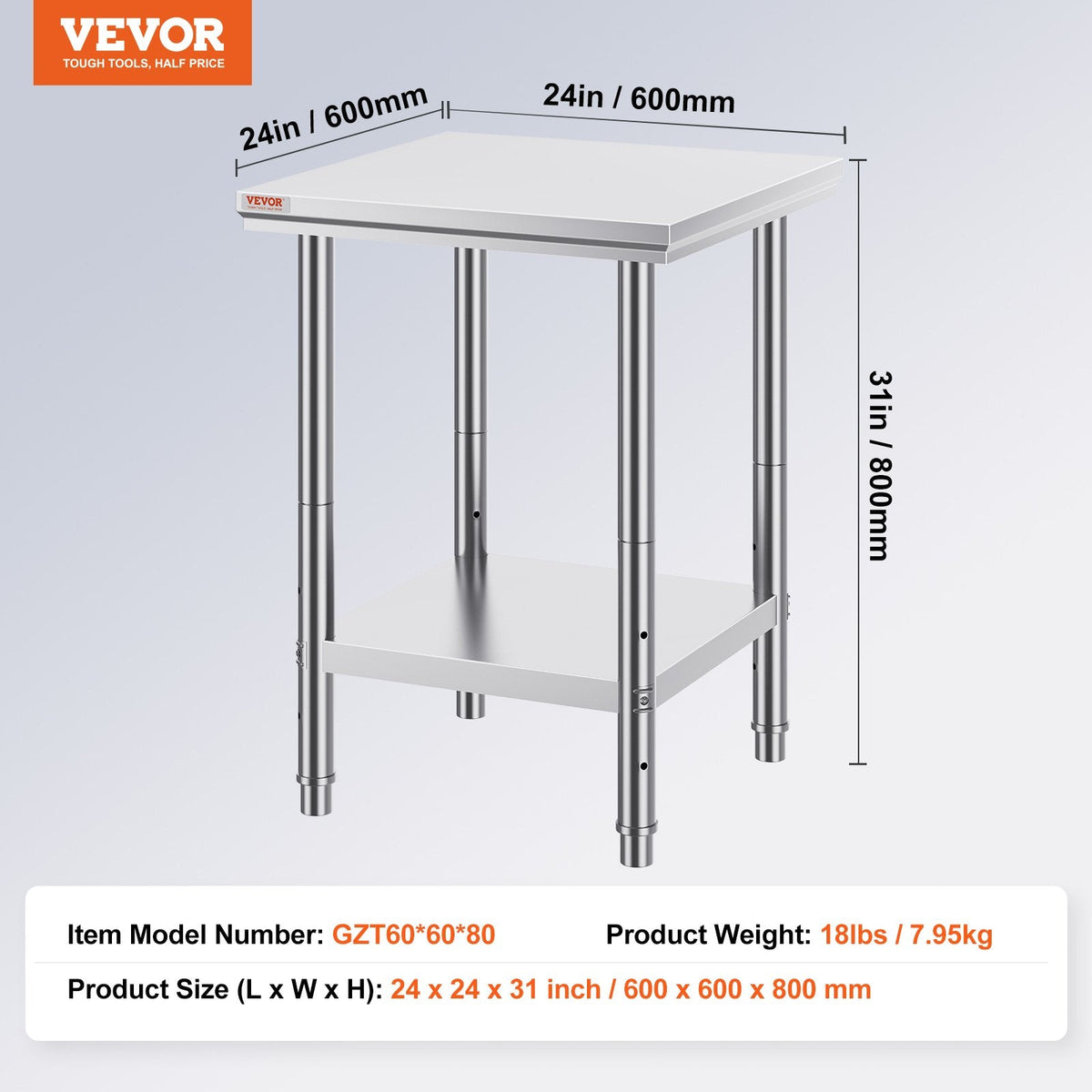VEVOR Stainless Steel Prep Table, 24 x 24 x 31 Inch, 700 lbs Load by Lemon Thalassa