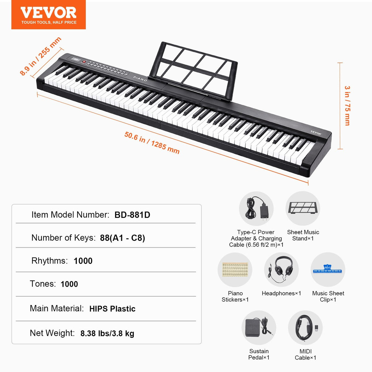 VEVOR 88 Key Digital Piano Keyboard, Semi Weighted Keys, Full Size by Lemon Thalassa